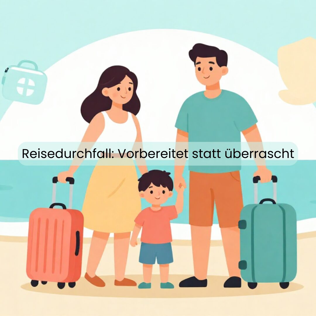 Familie mit Koffern am Flughafen – Reiseapotheke gegen Reisedurchfall