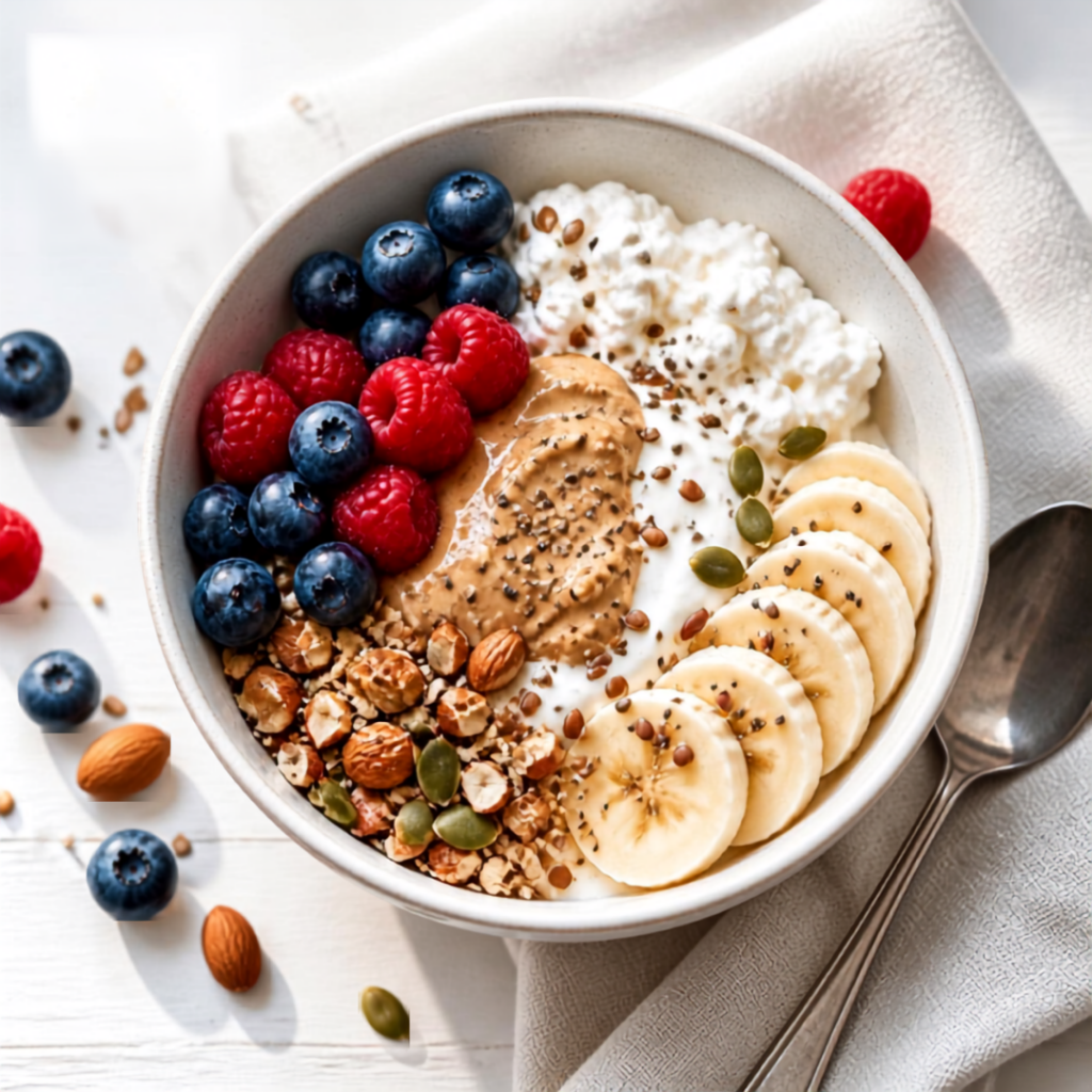 Proteinreiche Frühstücks-Bowl mit Skyr, Haferflocken und Beeren für die Familie