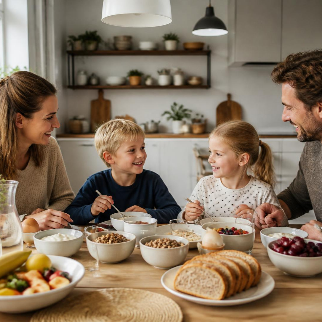 Proteinreicher Familienalltag: Familie sitzt gemeinsam am Esstisch beim Essen