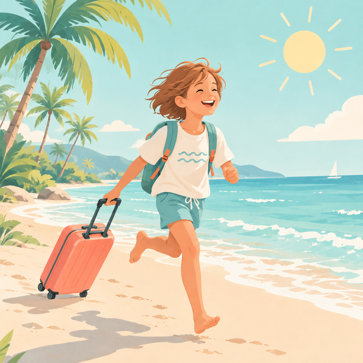 Kind mit Koffer am Strand – Enterosgel Kids in der Reiseapotheke